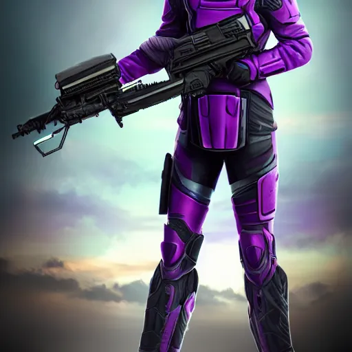 Image similar to vanu soldier, tall, helmet, purple and black clothes, heavy gun, full body, full portrait