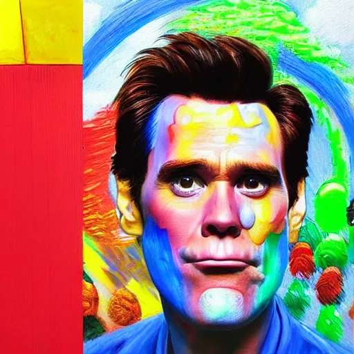 Prompt: painted portrait of jim carrey as super mario, highly detailed, colourful, brushstrokes, highly detailed