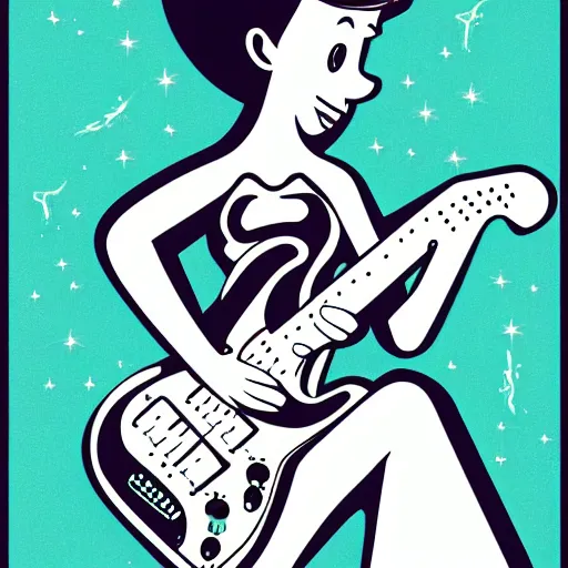 Image similar to illustration in the style of the jetsons of a mermaid playing an stratocaster electric guitar, 3 colour screen print