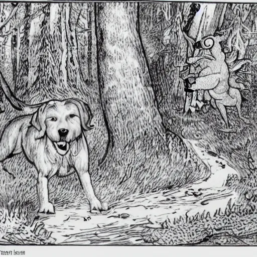 Prompt: a monster with head of a human and body of a dog running through the forest, trees looking like pommes