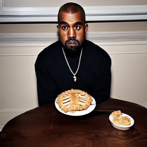 Image similar to bald kanye west eating apple pie on thanksgiving