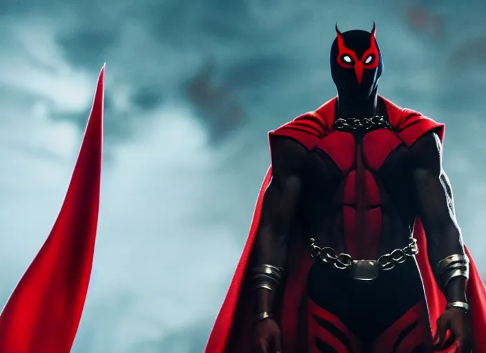 Image similar to film still of michael b jordan as spawn in the new spawn movie, giant chains, large cape, 8 k