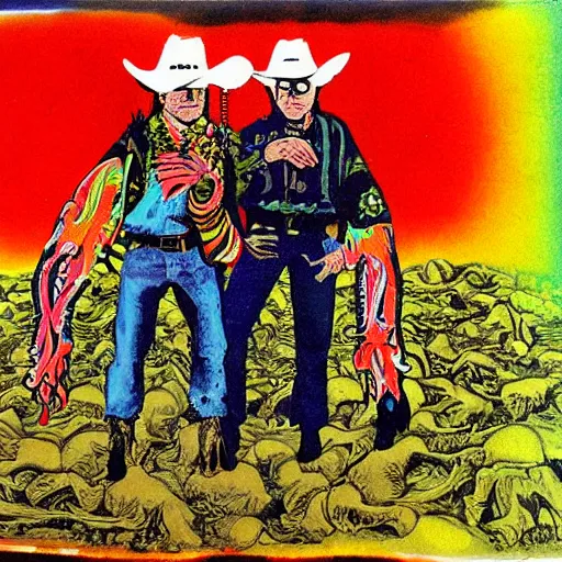 Prompt: Bodacious cowboys such as your friends will never be welcome here high in the clusterdome, mixed media, by Tadanori Yokoo