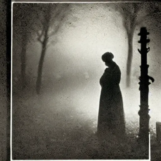 Prompt: a sad woman soul looking at his grave, night, fog, 1 9 0 0's photo