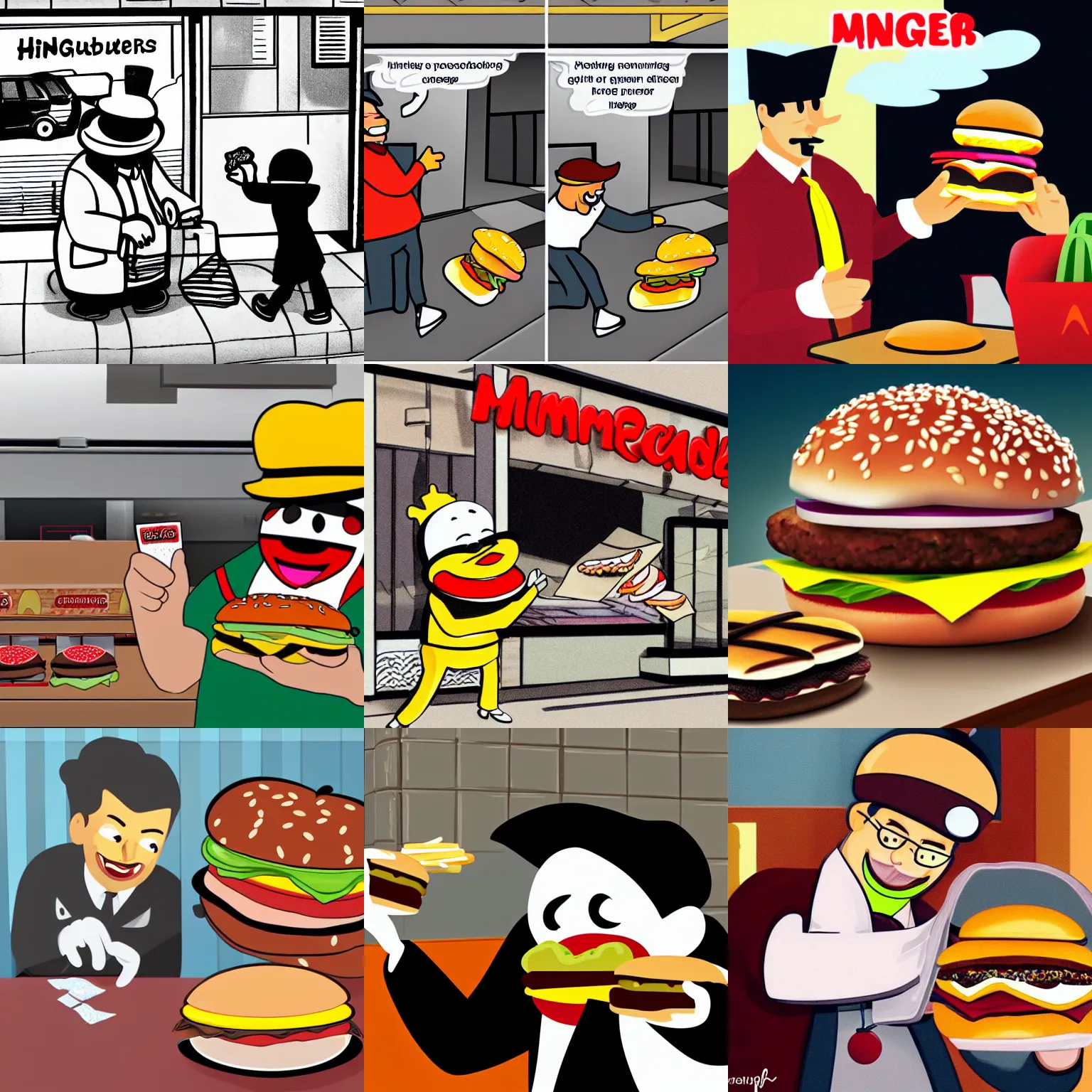 Prompt: the hamburgler is stealing hamburgers from hungry mcdonalds customers, photorealistic