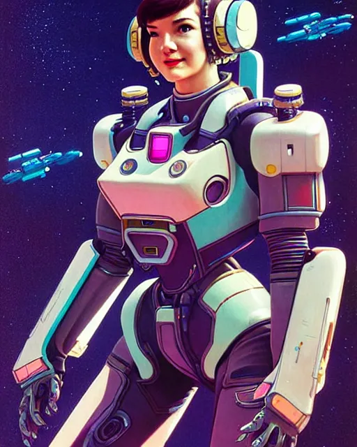 Prompt: d. va from overwatch, character portrait, portrait, close up, concept art, intricate details, highly detailed, vintage sci - fi poster, in the style of chris foss and rodger dean and moebius