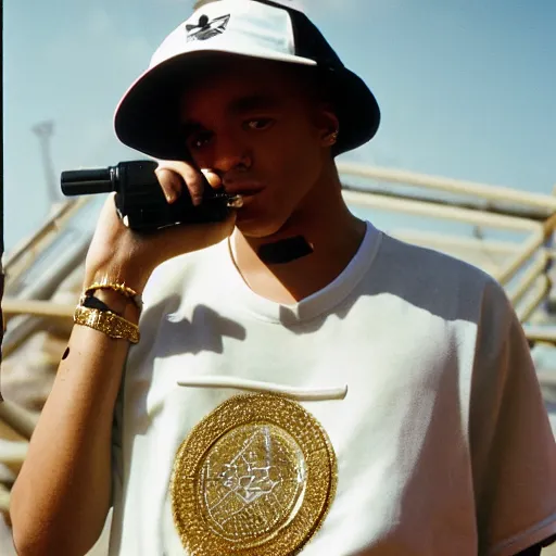 Prompt: 1985 the Bronx in New York. A photographic portrait of a tough rapper wearing a white jogging and white Adidas sneakers and a lot of gold necklace and a white sun hat and holding a gun and a getthoblaster. Gang vibes. Kodachrome. High quality press photography. A bit out of focus. 120mm. Washed out colors. Picture taken in the street of the Bronx. Summer day