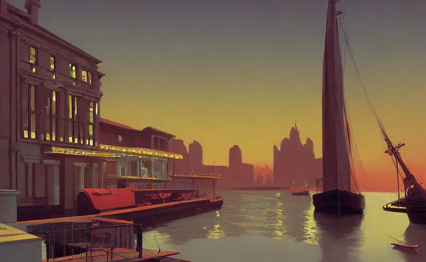 Image similar to Old victorian harbour at dusk, very coherent, painted by Edward Hopper, Wayne Barlowe, painted by James Gilleard, airbrush, art by JamesJean