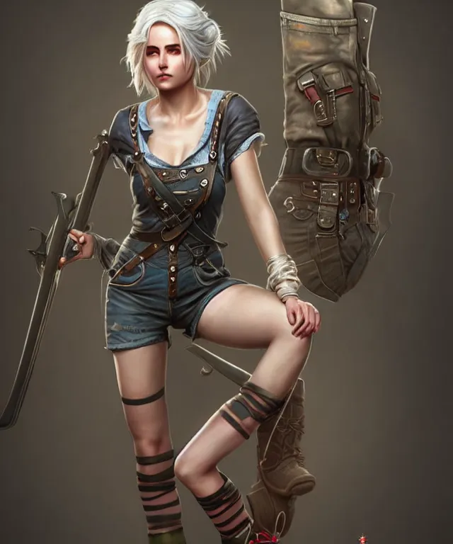 Image similar to full body pose, ciri, torn overalls, short shorts, combat boots, beautiful, highly detailed face!, extremely detailed!, digital painting, unreal engine 5, art by tom bagshaw