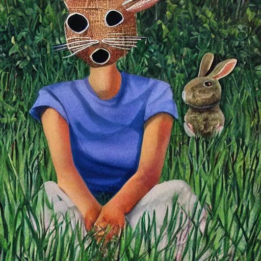 Prompt: a person sitting in the grass with a bunny mask on by ackroyd norman