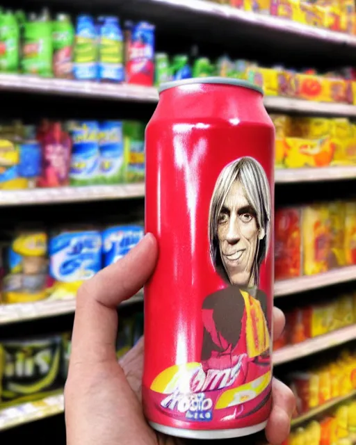 Prompt: a hand holding a tall soda can with iggy pop's face on the label, inside a supermarket