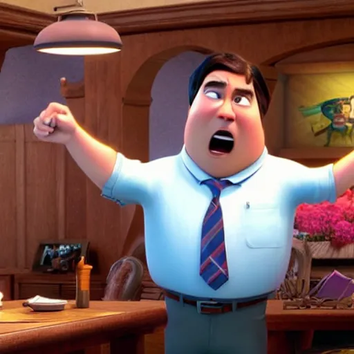 Image similar to Jack Black in Pixar's Up, CG movie still, very detailed