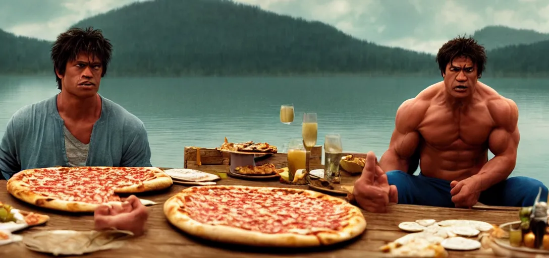 Image similar to a very high resolution image from a new movie. hulk eating pizza on a lake, photorealistic, photography, directed by wes anderson