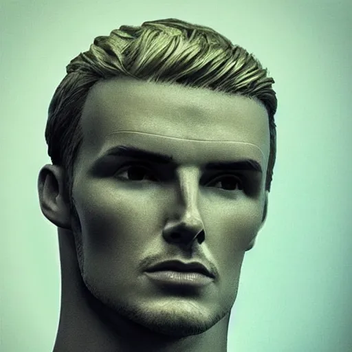 Image similar to “a realistic detailed photo of a guy who is an attractive humanoid who is half robot and half humanoid, who is a male android, David Beckham, shiny skin, posing like a statue, blank stare”