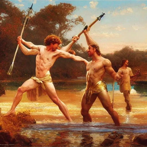 Image similar to hercules and achilles frolic in an estuary, a marble temple stands in the background, painting by gaston bussiere, craig mullins, j. c. leyendecker, tom of finland