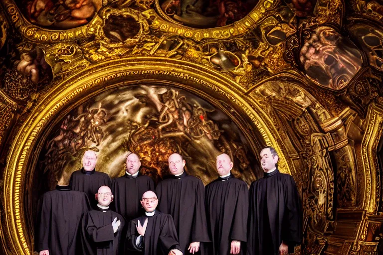 Prompt: photography of circle group of priests in front of a hell portal invoking a lovecraft creature in a baroque intricate church, photography by annie leibovitz, wide - angle portrait, atmospheric lighting, rich deep colors masterpiece, fractal crystals