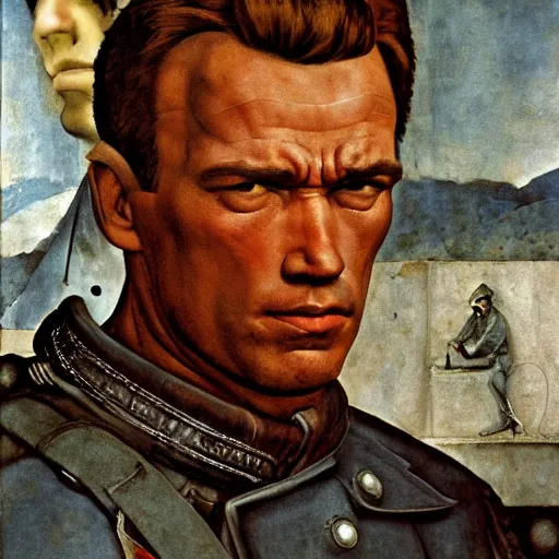 Image similar to portrait of Nazi Arnold Schwarzenegger as a Wolfenstein character, by Angus McBride, Gentile Bellini, Piero della Francesca, and Arthur Rackham. HD face portrait.