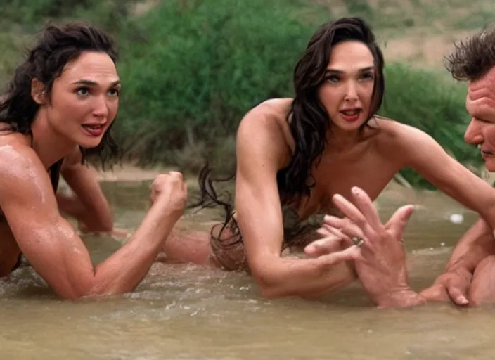 Prompt: gal gadot oil wrestling with patrick swayze, movie still, from the movie road house, 8 k, realistic