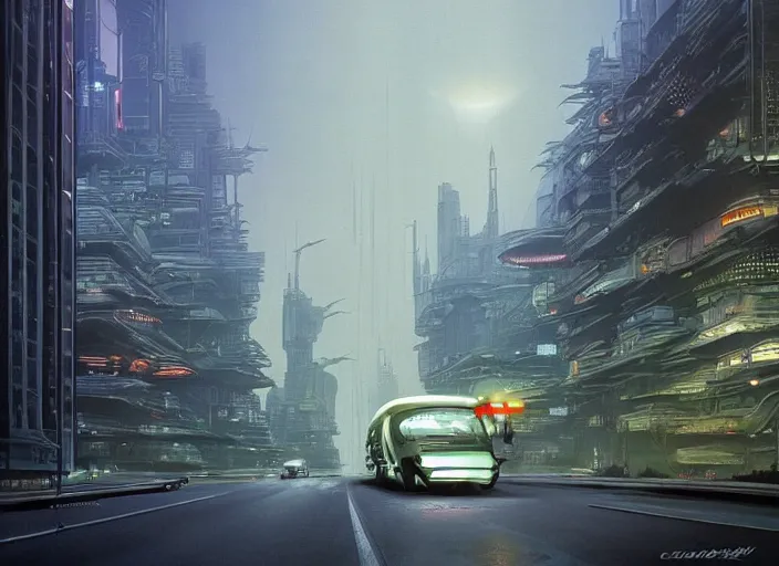 Prompt: a car bus driving down a street next to tall Forest-1 the night, cyberpunk art by Chesley Bonestell, cgsociety, retrofuturism, matte painting, reimagined by industrial light and magic