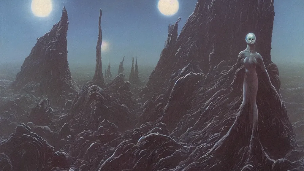 Prompt: eerie atmospheric evolving alien planet by gerald brom and vincent di fate, epic cinematic matte painting