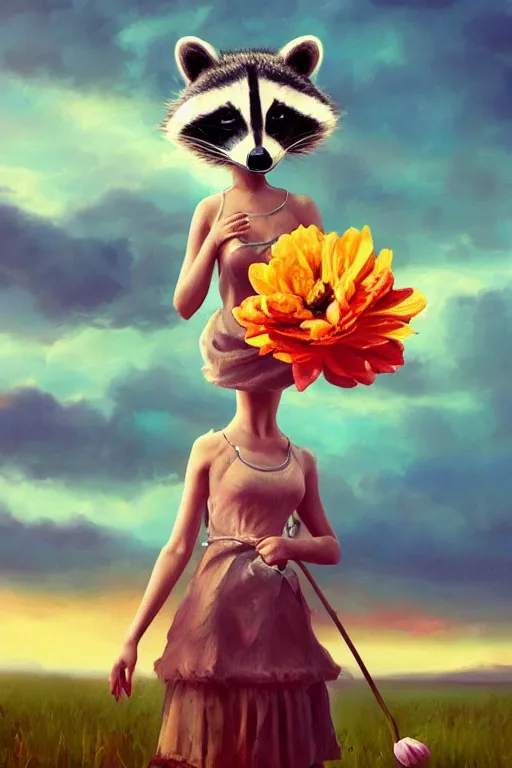 Image similar to beautiful female anthropomorphic raccoon wearing a dress on salt flats holding a flower, surreal photography, sunrise, dramatic light, impressionist painting, colorful clouds, digital painting, artstation, simon stalenhag