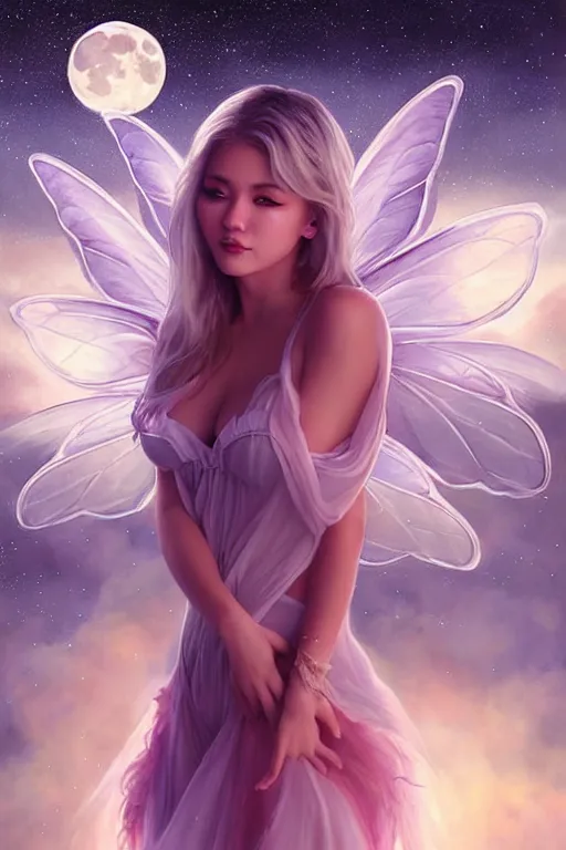 Image similar to attractive fairy magically floating high in the night, fantasy, full moon in background. highly detailed painting by artgerm, mid shot, 8 k