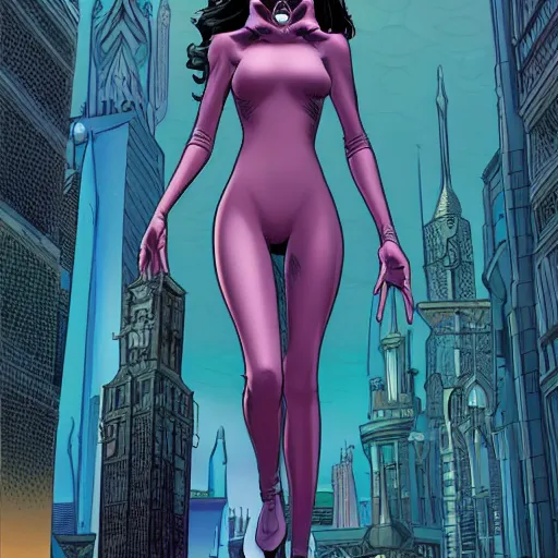 Prompt: Tall beautiful slender female witch with dark hair, futuristic, alien cityscape, symmetrical features, full body, face visible, artstation, graphic novel, colourful, 2D matte, art by Frank Quitely and Moebius,