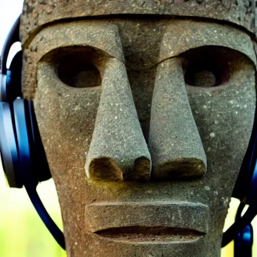 Image similar to a high detail photo of a moai wearing headphones, subject: moai, subject detail: wearing headphones