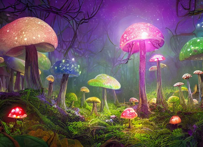 Image similar to glowing delicate flower and mushrooms that grow in a dark fatansy forest at night on the planet Pandora,