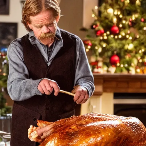 Prompt: William H Macy carving a turkey at christmas