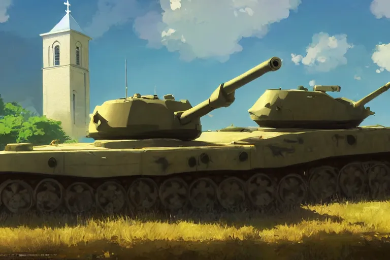 Image similar to a tank mixed with a church, scene in an open field. key visual, conceptart, ambient lighting, highly detailed, digital painting, artstation, concept art, sharp focus, by makoto shinkai and akihiko yoshida and greg manchess