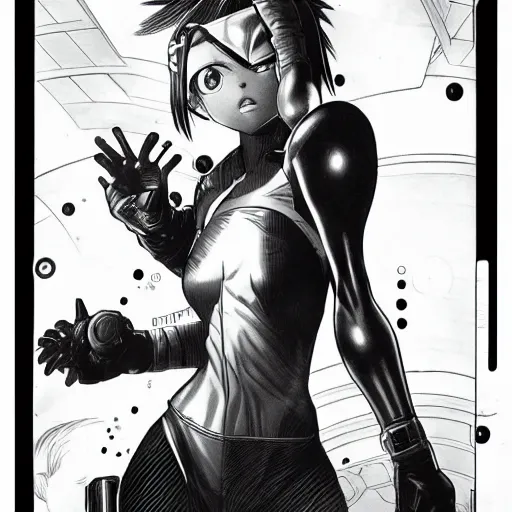 Image similar to alita by yukito kishiro. medium shot. black and white manga. pencil drawing.