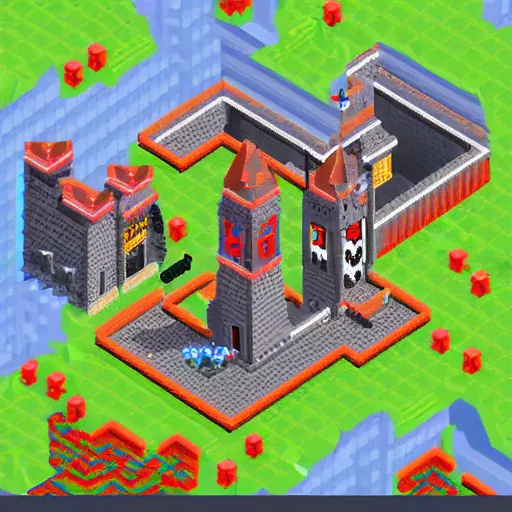 Prompt: isometric pixel art, soft lighting, pixel town, medival Pixelated castle, ultra detailed