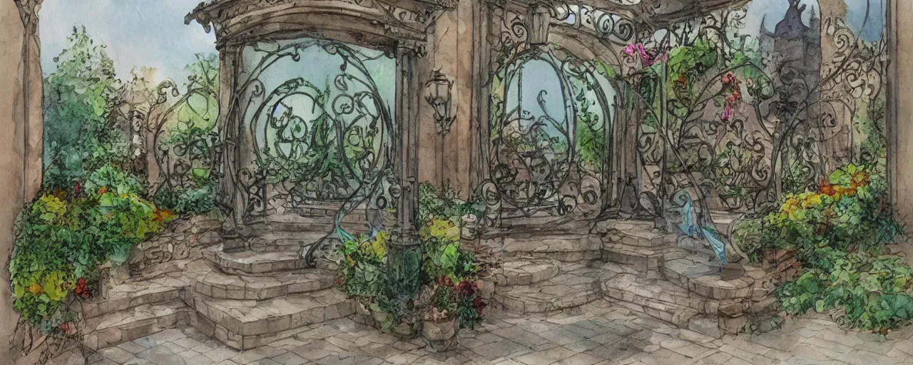 Prompt: courtyard walkway, inflatabel fountain, castle, stairway, chairs, wrought iron, gate, botanic garden, botanical herbarium paper, watercolor colored painting, iridescent colors, realistic shaded, fine, artstation, italian style, colonnade ornate headdress, craving, carved, insanely detailed