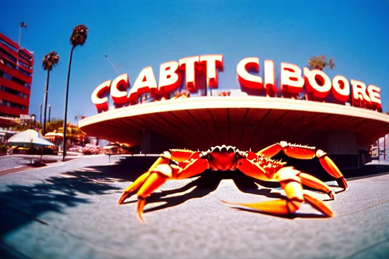 Image similar to 1 9 8 5 crab themed giant aquarium, googie architecture, one point perspective, americana, fishcore, exterior photography, hd 8 k, photography cinestill