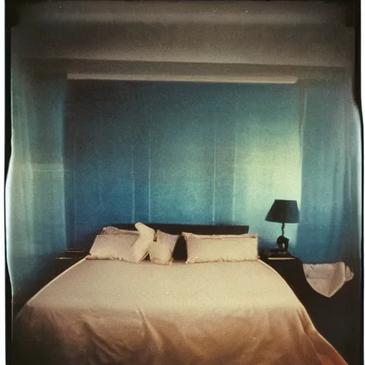 Image similar to grainy Polaroid film photograph of an empty bed with silk sheets floating in the middle of the ocean. super resolution. surreal. Extremely detailed. Polaroid 600 film. by Annie Leibovitz and Richard Avedon