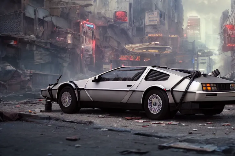 Image similar to highly detailed photorealistic rendering of the delorean from back to the future parked on the streets of a cyberpunk abandoned city, futuristic post - apocalyptic vibe, by greg rutkowski and stanley artgerm and alphonse mucha, octane, sharp focus, hyperrealistic, unreal engine 5, vray, masterpiece