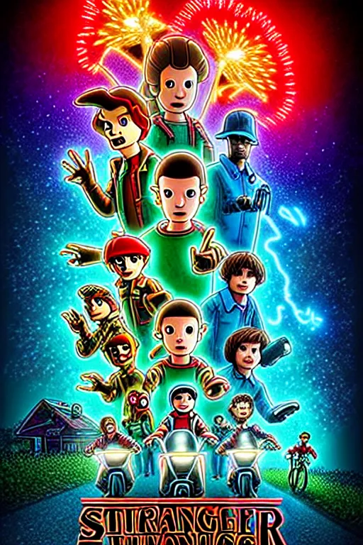 Image similar to animated version of Futurama Stranger Things poster by Matt Groening, cartoon, detailed faces, high resolution, hyper detailed, intricate, illustrated, dramatic lighting !n-9