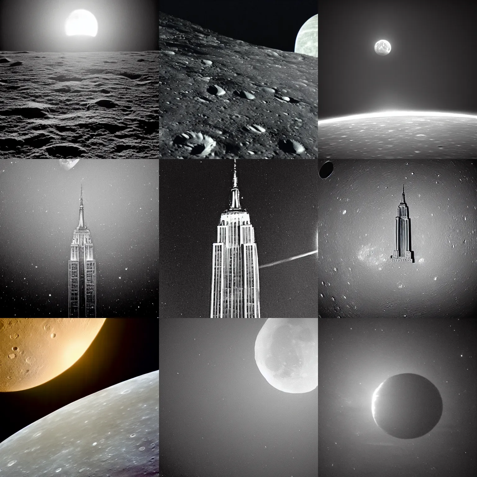 Prompt: The empire state building on the moon, dark atmosphere, high exposure image of earth in the sky
