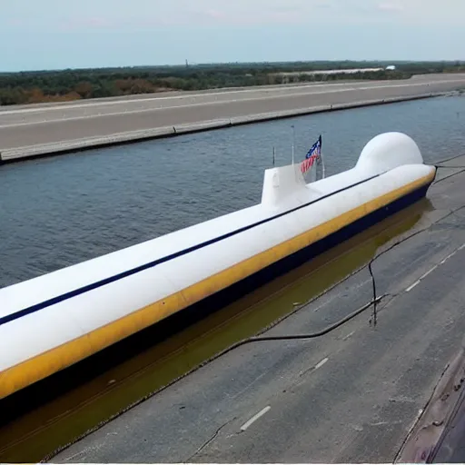 Image similar to navy nuclear submarine with wheels driving on the highway