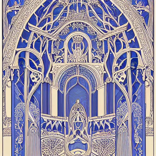 Prompt: art nouveau temple, giant majestic archways, waterfalls, ornate ancient temple, decorative fractal edges, crystal trees, blue fungal growth, intricate ornate opalescent central mandala, fine lines, clean lines, parallax poster composition, drawn by aubrey beardsley, harry clarke, Verneuil, mucha, henri gillet, William Morris, John Henry Dearle