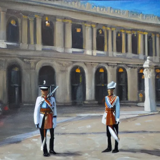 Prompt: oil painting of a white tip reef shark working as a coldstream guard outside the royal palace