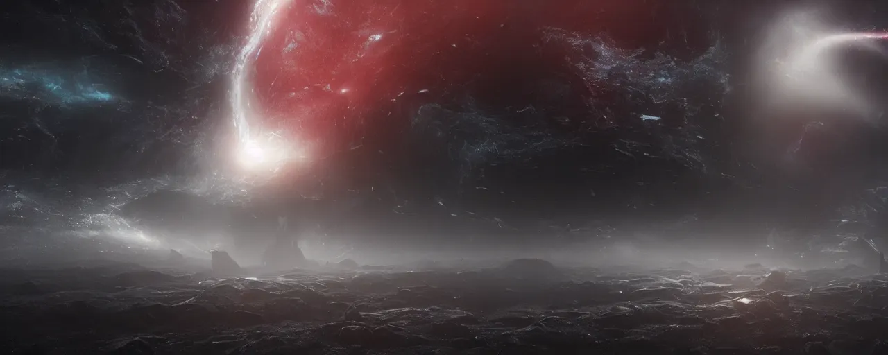 Image similar to a dark epic swirling galaxy, dark scifi, unreal engine, octane render, volumetric lighting