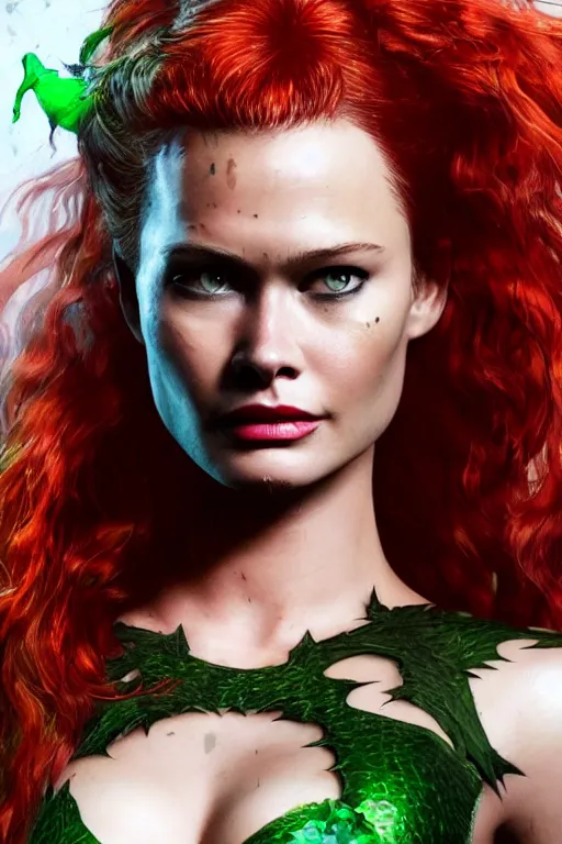 Image similar to Portrait of Behati Prinsloo as Poison Ivy making a duck face, in Batman movie still cinematic, artstation, Greg rutkowski, UHD 8K