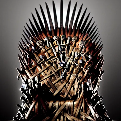 Image similar to The iron throne, fantasy, medieval, vivid colors, elegant, concept art, sharp focus, digital art, Hyper-realistic, 4K, Unreal Engine, Highly Detailed, HD, Dramatic Lighting by Brom, trending on Artstation