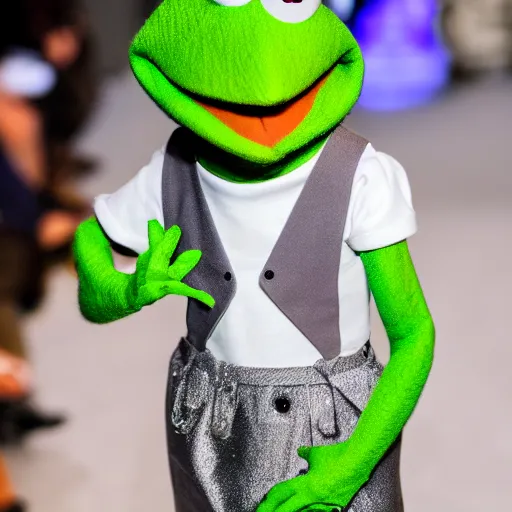 Image similar to Kermit the frog as a fashion week runway model 4k photo magazine journalism