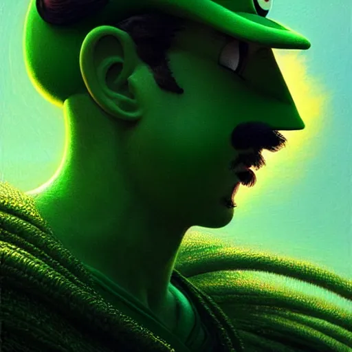 Image similar to uhd photorealistic shia lebeuouf dressed as luigi. cinematic lighting, in the style of akira toriyama, beksisnski, amano and karol bak, fantasy, hyperdetailed.