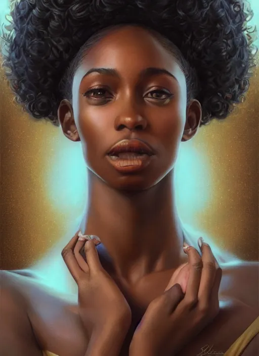 Prompt: portrait of a stunningly beautiful young black woman, highly detailed, digital painting, artstation, concept art, sharp focus, illustration, art by artgerm and greg rutkowski and alphonse mucha, incredibly beautiful and symmetrical face, incredibly detailed, award winning art, royal