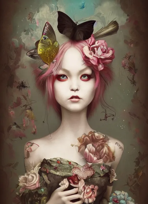 Image similar to pop surrealism, lowbrow art, realistic cute sitting alice girl painting, japanese street fashion, hyper realism, muted colours, rococo, natalie shau, loreta lux, tom bagshaw, mark ryden, trevor brown style,