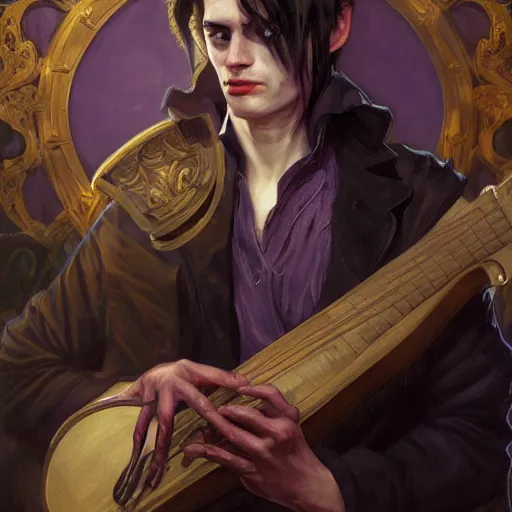 Image similar to portrait of a male tiefling with purple skin with curled horns, looking like James Dean, playing the lute in a crowded tavern, warm lighting, D&D, fantasy, intricate, elegant, highly detailed, digital painting, artstation, concept art, smooth, sharp focus, illustration, art by artgerm and greg rutkowski and alphonse mucha